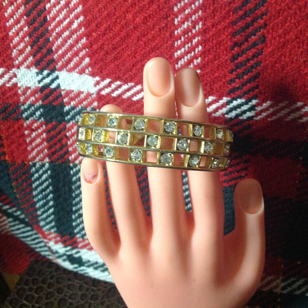 Vintage Hinged Caged Gold Tone Pave` Rhinestone Bangle Bracelet